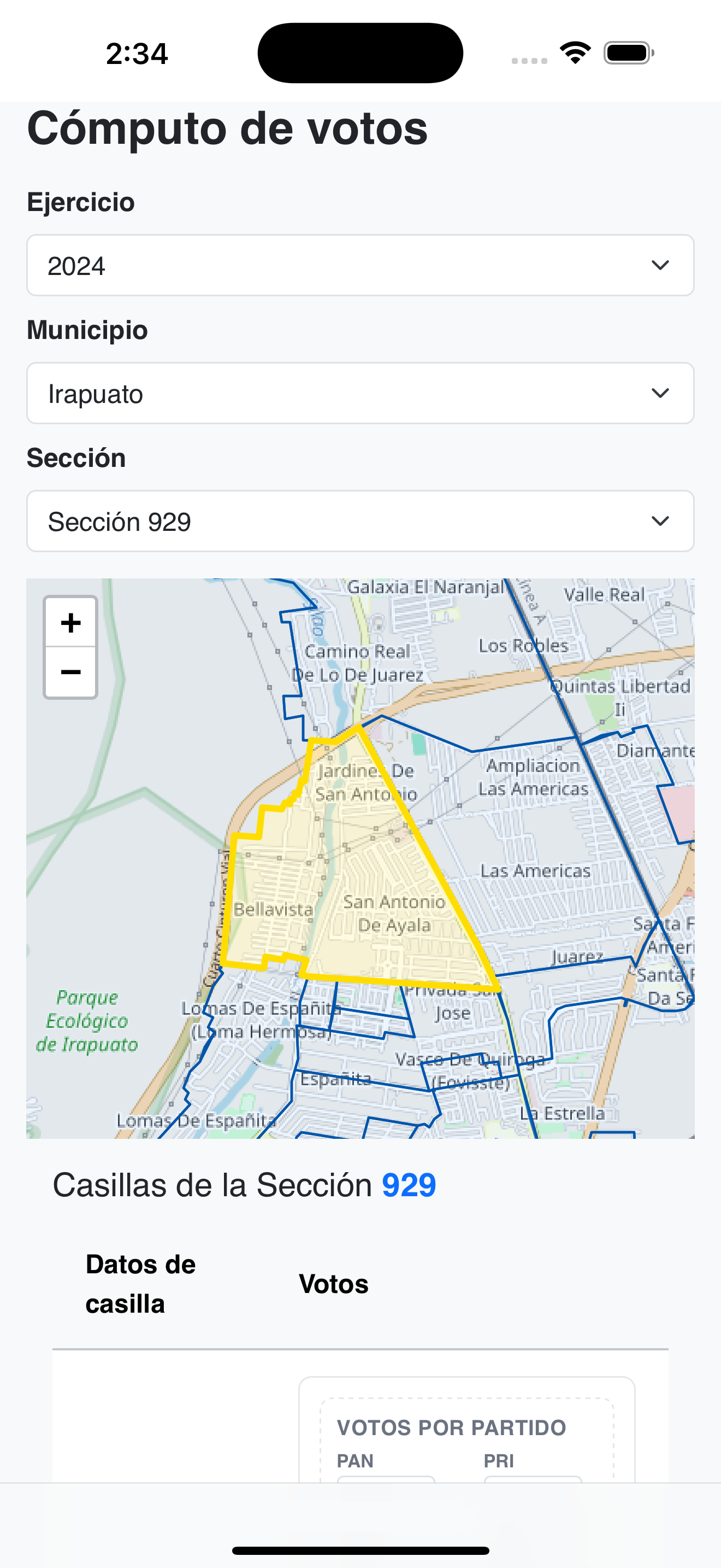 Mapa por secciones móvil